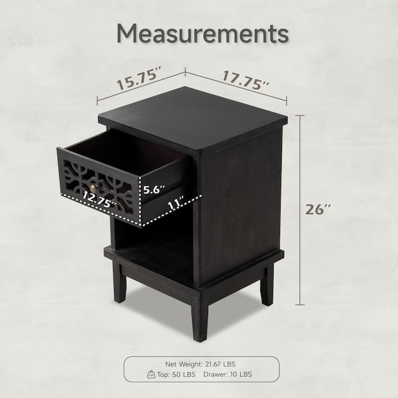 COZAYH Retro Rustic Nightstand Solid Fir End Table Side Table with Hand Carved Front and Open Shelf for Boho, Farmhouse