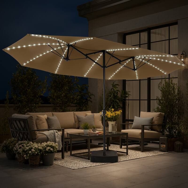 15ft Outdoor Patio Market Umbrella with Base and 144 Solar-Powered Led Lights - Tan