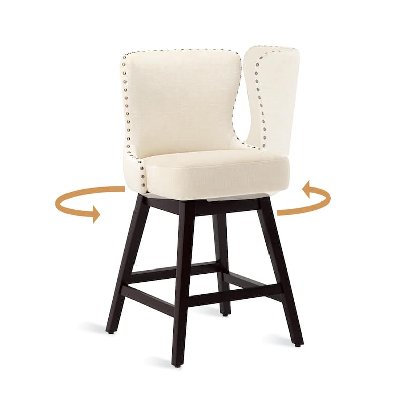 26 in. Mid-Century Modern Swivel Bar Stools Faux Leather and Linen Counter Stools with Wood Frame（Set of 3） - 20"W x 20"D x 39"H