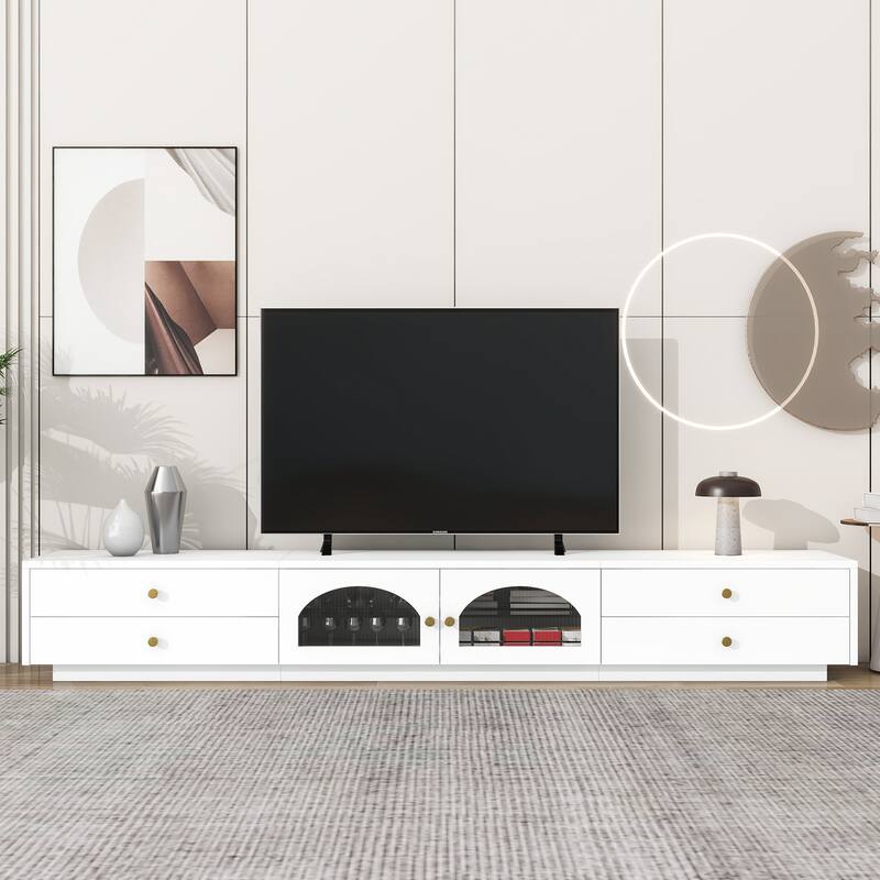 Modern Luxurious TV Stand, for TVs Up to 95'' with Fluted Glass Doors 2 Drawers and Tempered Glass Shelf, for Living Room, White