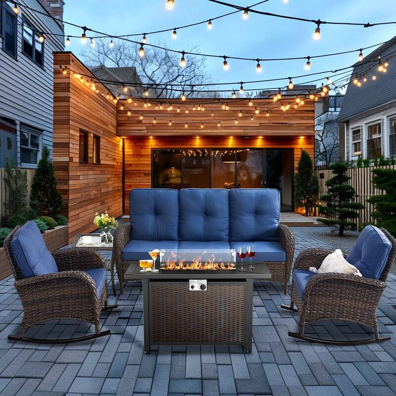 Pocassy Outdoor Fire Pit Conversation Sofa Set - Brwon Wicker Blue Cushion - 5PCS Fire Table w/ Sofa Rocker Chair