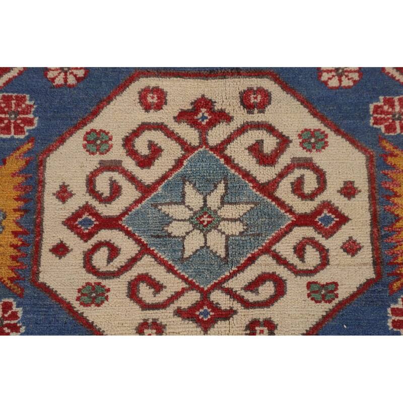 Ivory Geometric Kazak Area Rug Hand-Knotted Wool Carpet - 8'0" x 10'6"