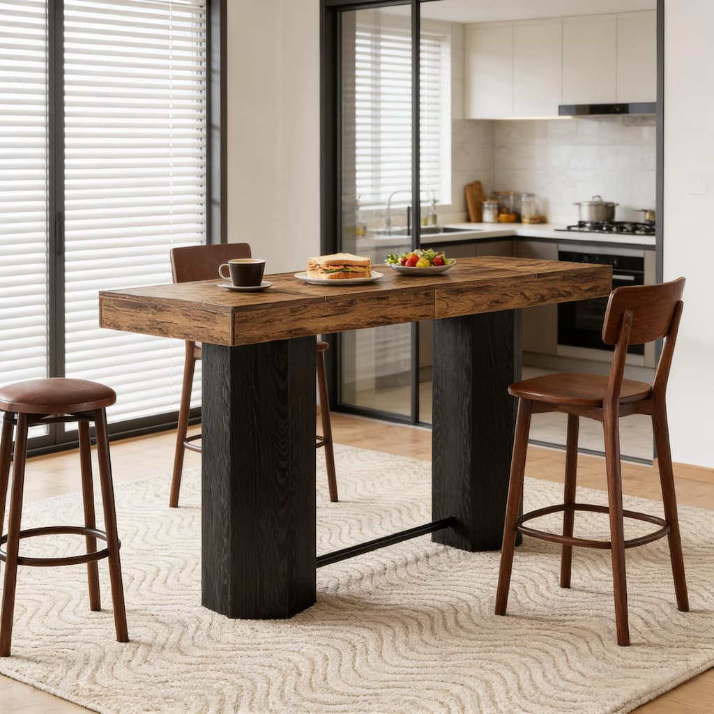 Home Bar Height Table Dining Table, Coffee Table for 4-6 People, Woodgrain Kitchen Table with Hexagonal Base