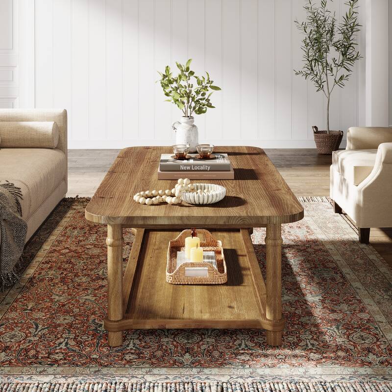 47" Rectangle Coffee Table, Solid Wood Center Table with 2-Tier Storage