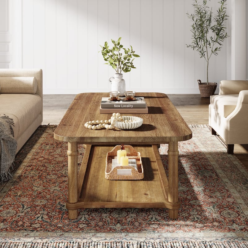 47" Rectangle Coffee Table with Storage Shlef, Solid Wood, Turned Leg