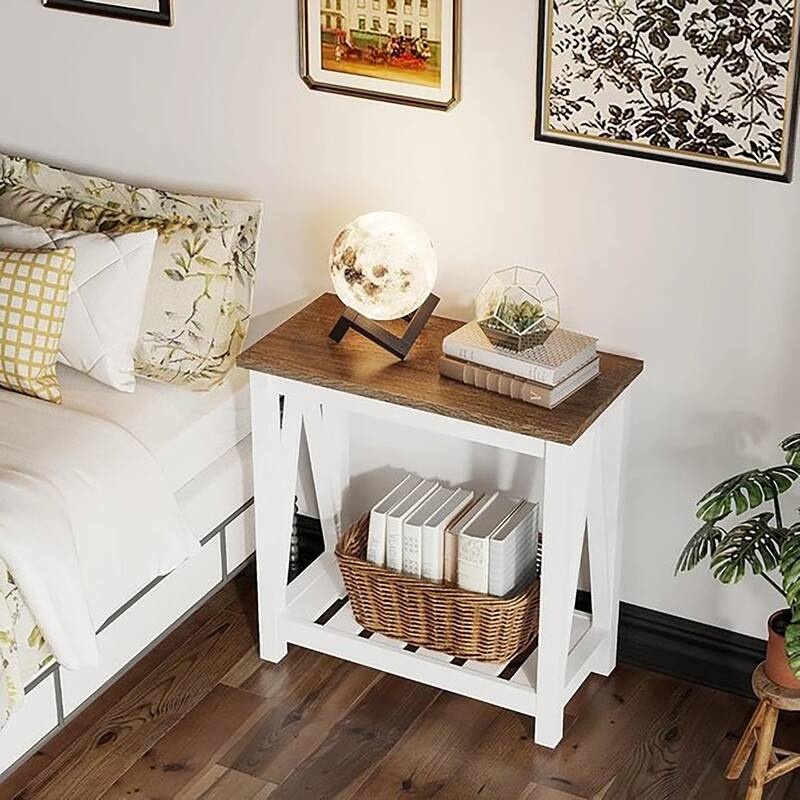 Farmhouse End Table,Narrow Side Table,End Table with Storage Shelf for Small Spaces,Living Room And Bedroom,White
