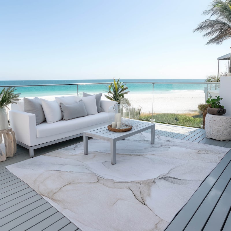 Machine Washable Indoor/ Outdoor Abstract Watercolor Chantille Rug - 5' x 7'6" - Ivory