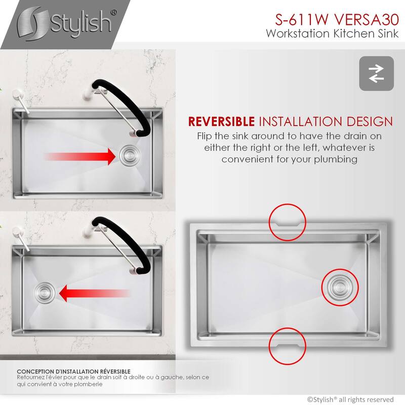 STYLISH 30 inches Workstation Single Bowl Undermount 16 Gauge Stainless Steel Kitchen Sink with Built in Accessories