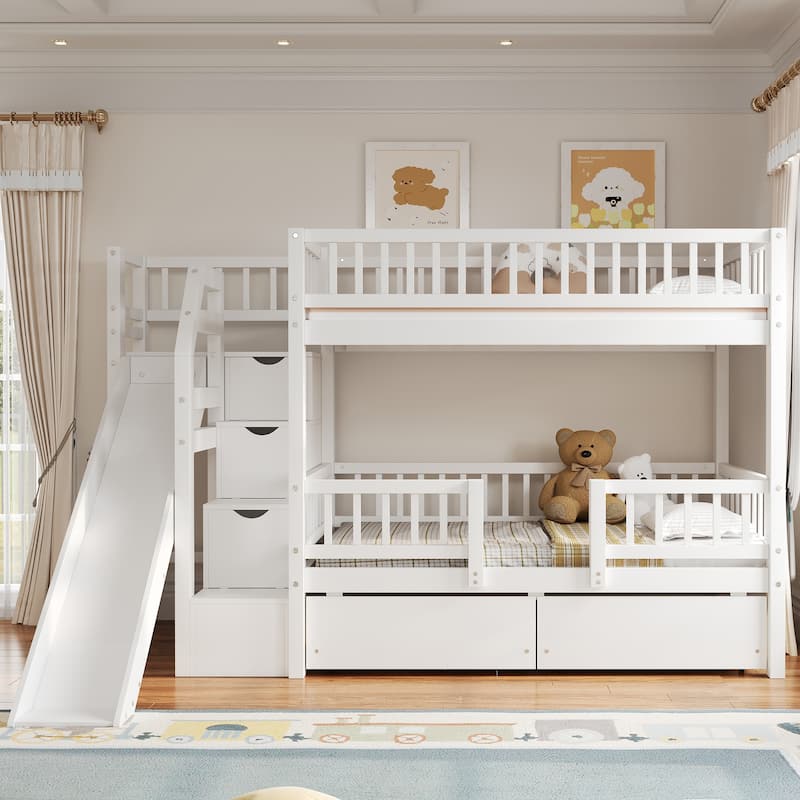 Twin Over Twin Bunk Bed with Storage Staircase, Slide and 2 Drawers