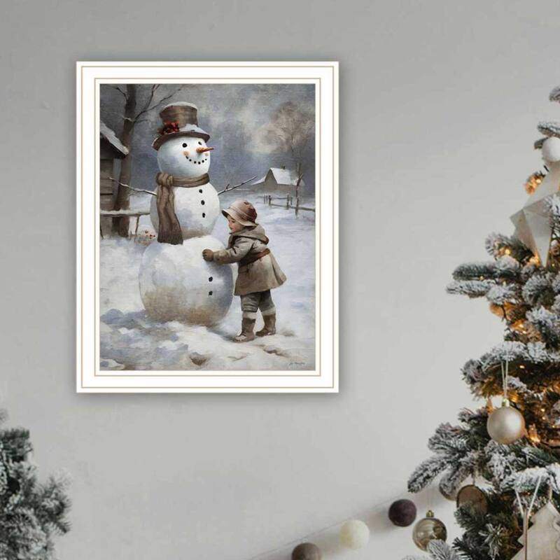 Framed Wall Art - Finishing Touch on the Snowman, White Frame