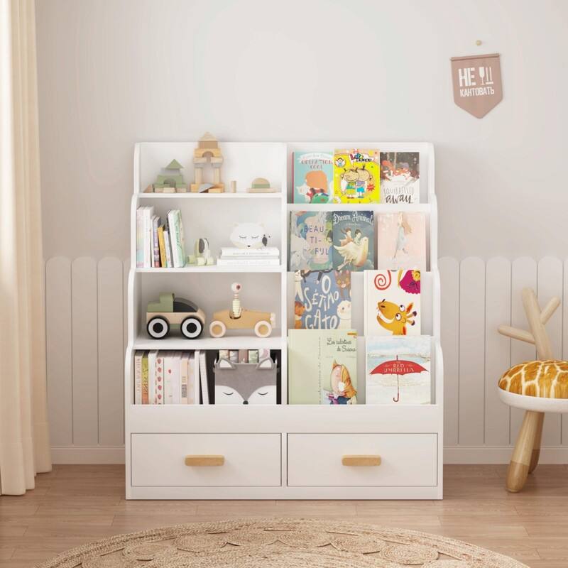 Kids Bookshelf with 2 Storage Drawers - Front-Facing Children's Bookcase and Multi-Tier Toy Organizer