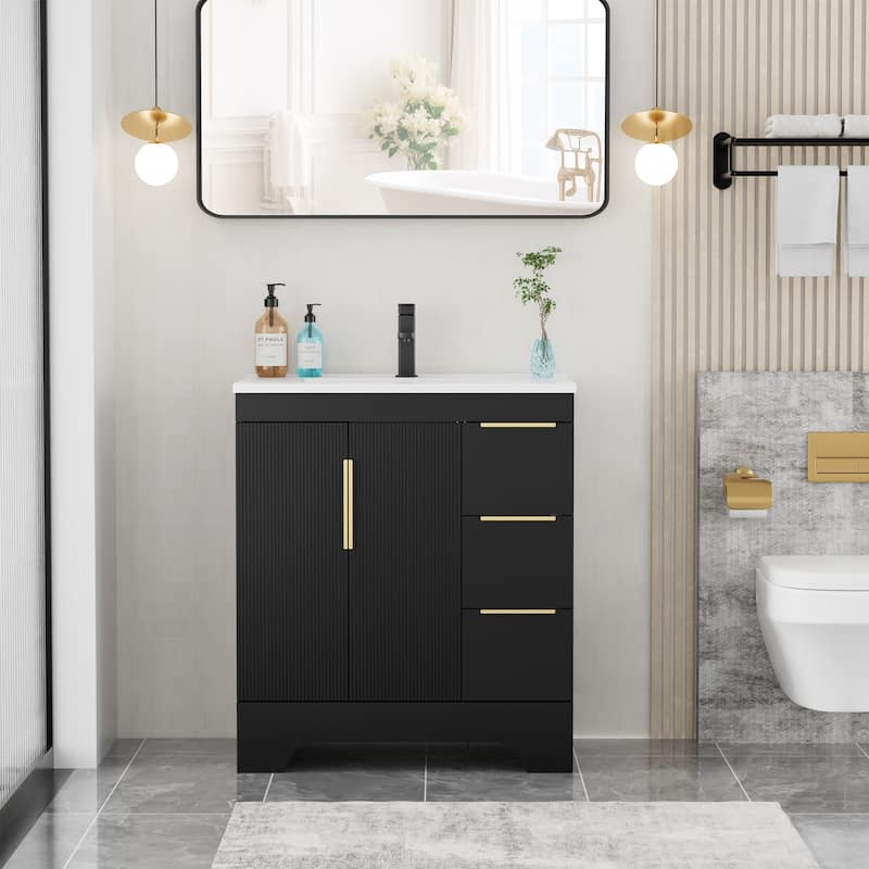 Vertical Stripes Bathroom Vanity Set with Sink Top & Faucet - 30"Right - Black-30"Right