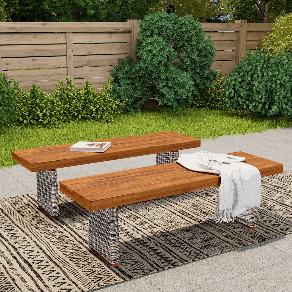 Outdoor Acacia Wood Bench(Set of 2), Teak Finish+ Grey Wicker