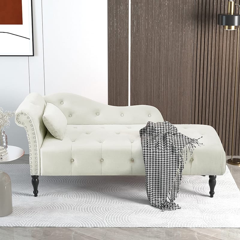 60"W Velvet Chaise Lounge, Tufted with Pillow & Nailhead Decorate - 60.6W" x 27.5D" x 28.3"H - White