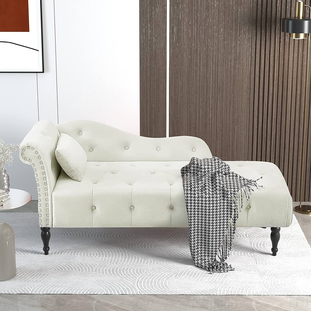 60"W Velvet Chaise Lounge, Tufted with Pillow & Nailhead Decorate - 60.6W" x 27.5D" x 28.3"H