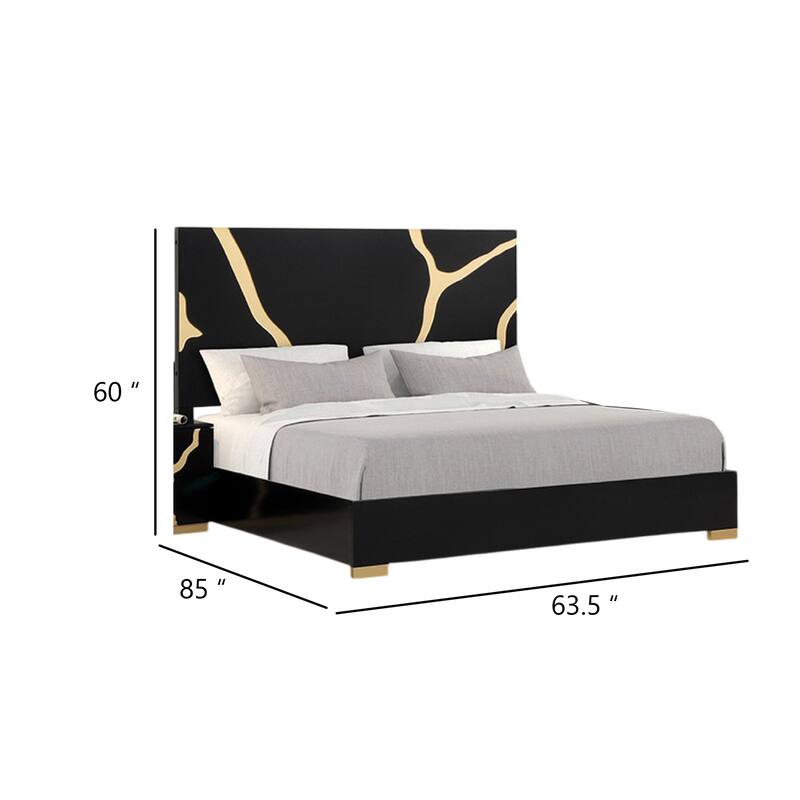 Goldie Queen Size Bed, Gold and Black Contemporary Bed, Solid Wood