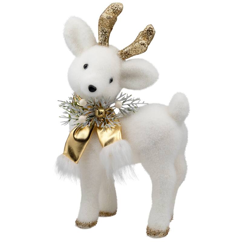 Glittered Standing Deer with Jingle Bell Christmas Figure - 12.25" - White and Gold