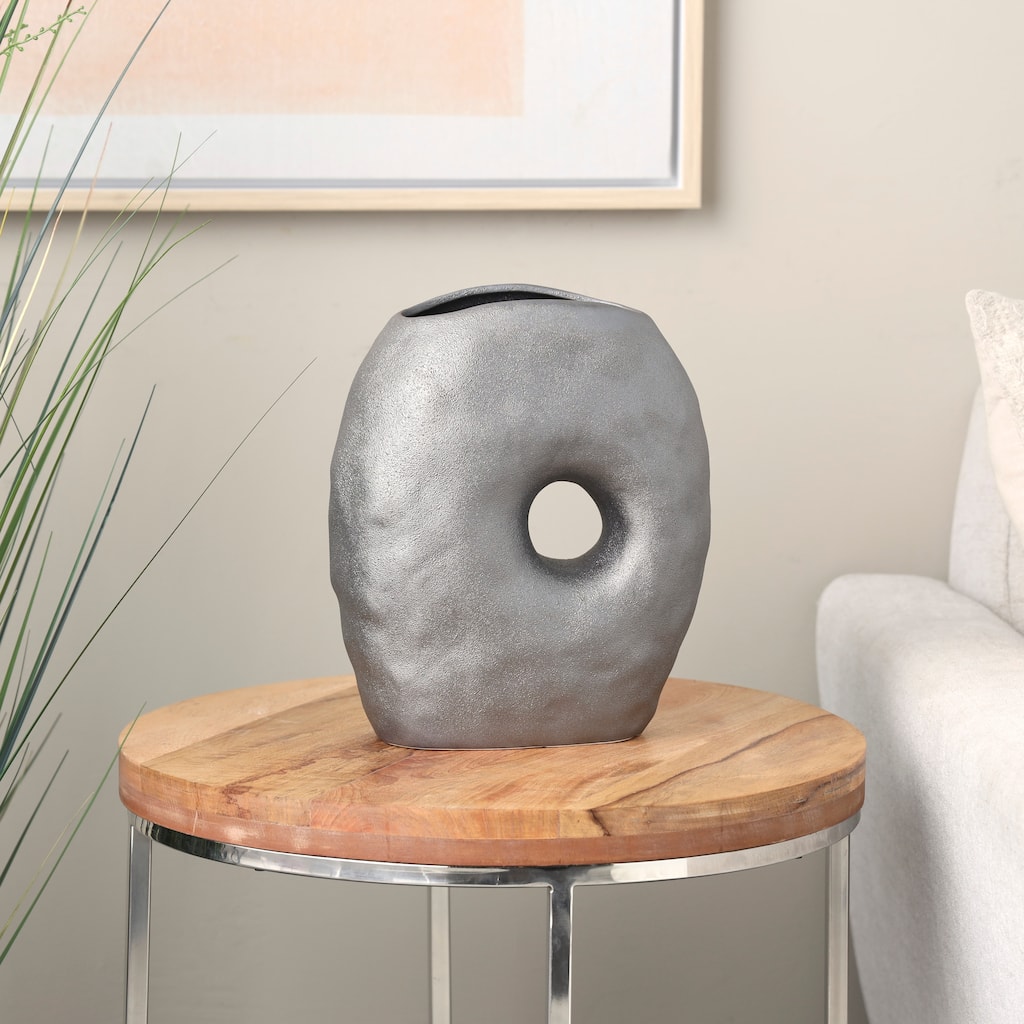 Gray Ceramic Wavy Donut Abstract Decorative Vase with Cutout Center