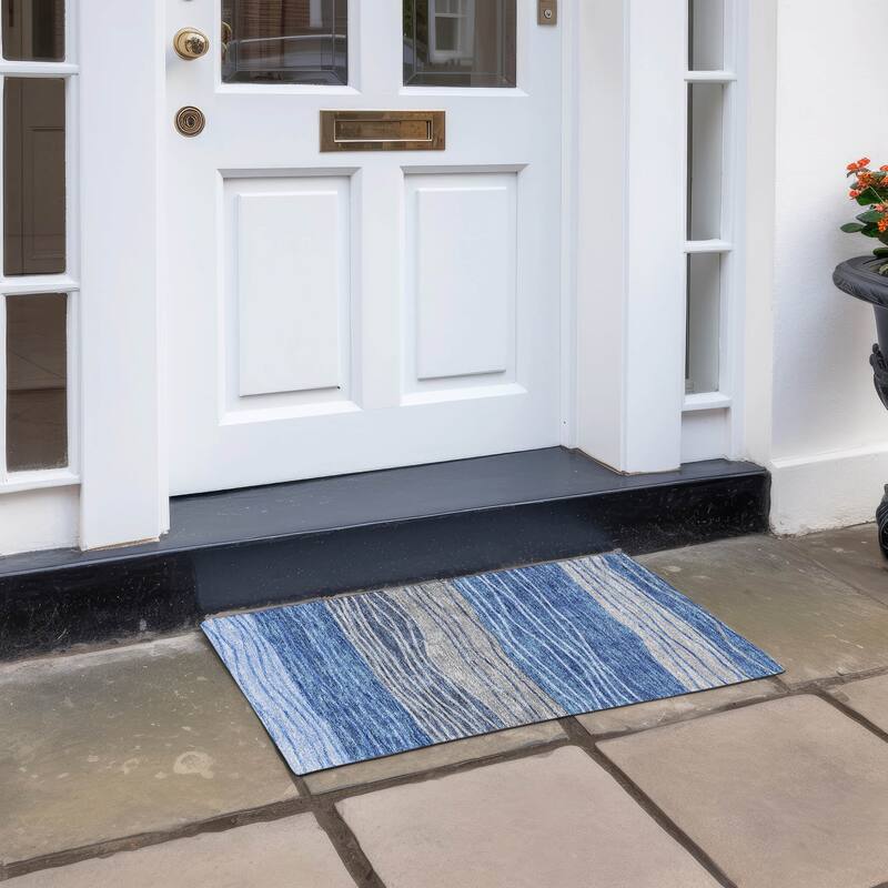 Machine Washable Indoor/ Outdoor Chantille Modern Stripes Rug - Blue - 1'8" x 2'6"