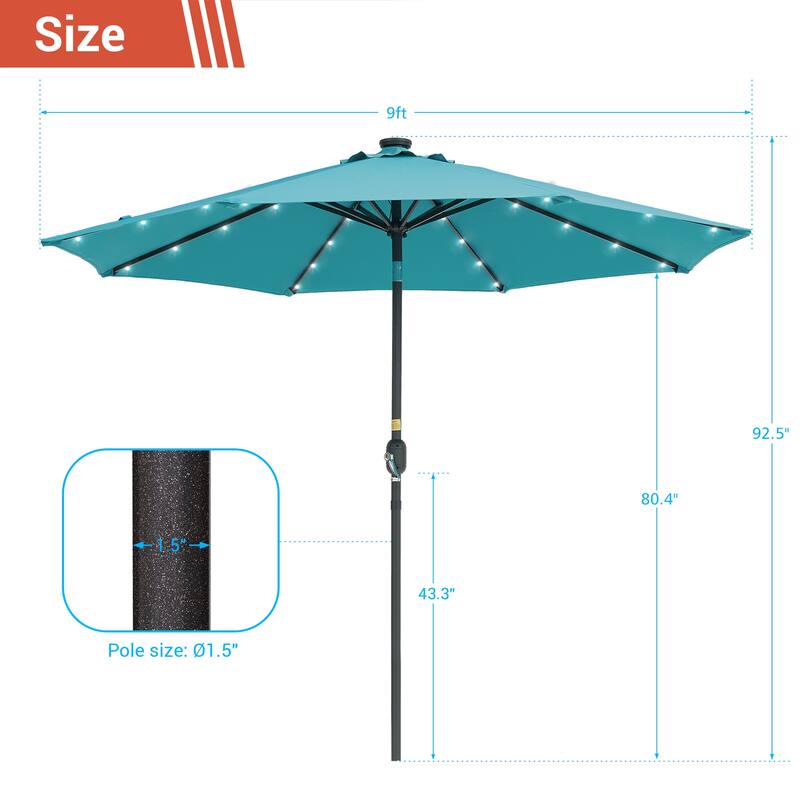 BONOSUKI Outdoor 9FT LED Round Patio Umbrella with UV Protection, Easy Tilt, and Wind-Resistant Features