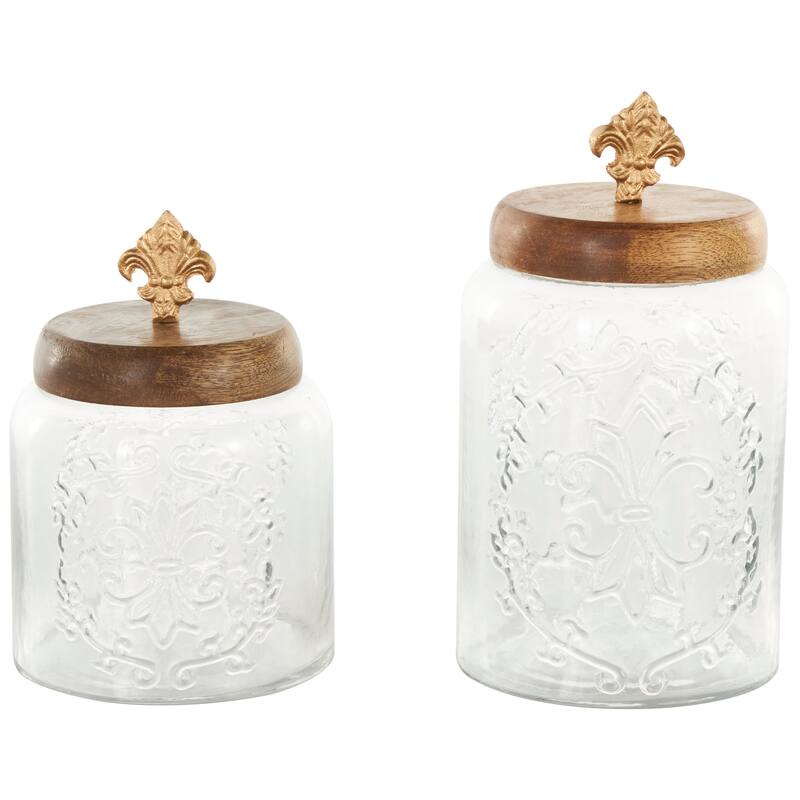 Clear Glass Scroll Living Room Decorative Jars with Brown Wooden Lids and Gold Fleur-De- Lis Knobs (Set of 2)