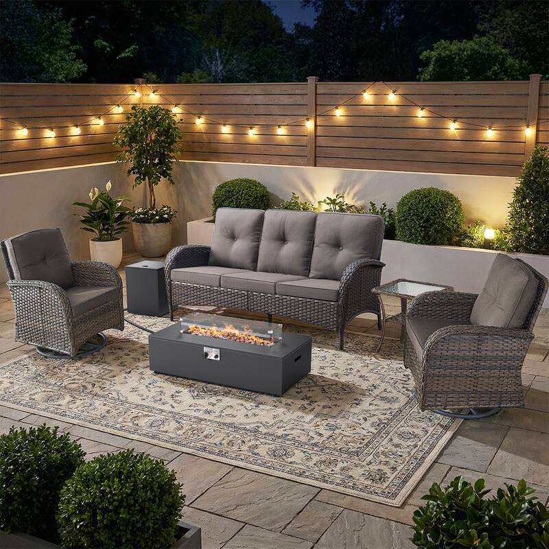 Pocassy Outdoor 5-Piece Sofa Swivel Chair with Fire Pit Table - Brown Wicker Gray Cushion - 5-Piece Sofa Swivel Chair with Fire Pit Table