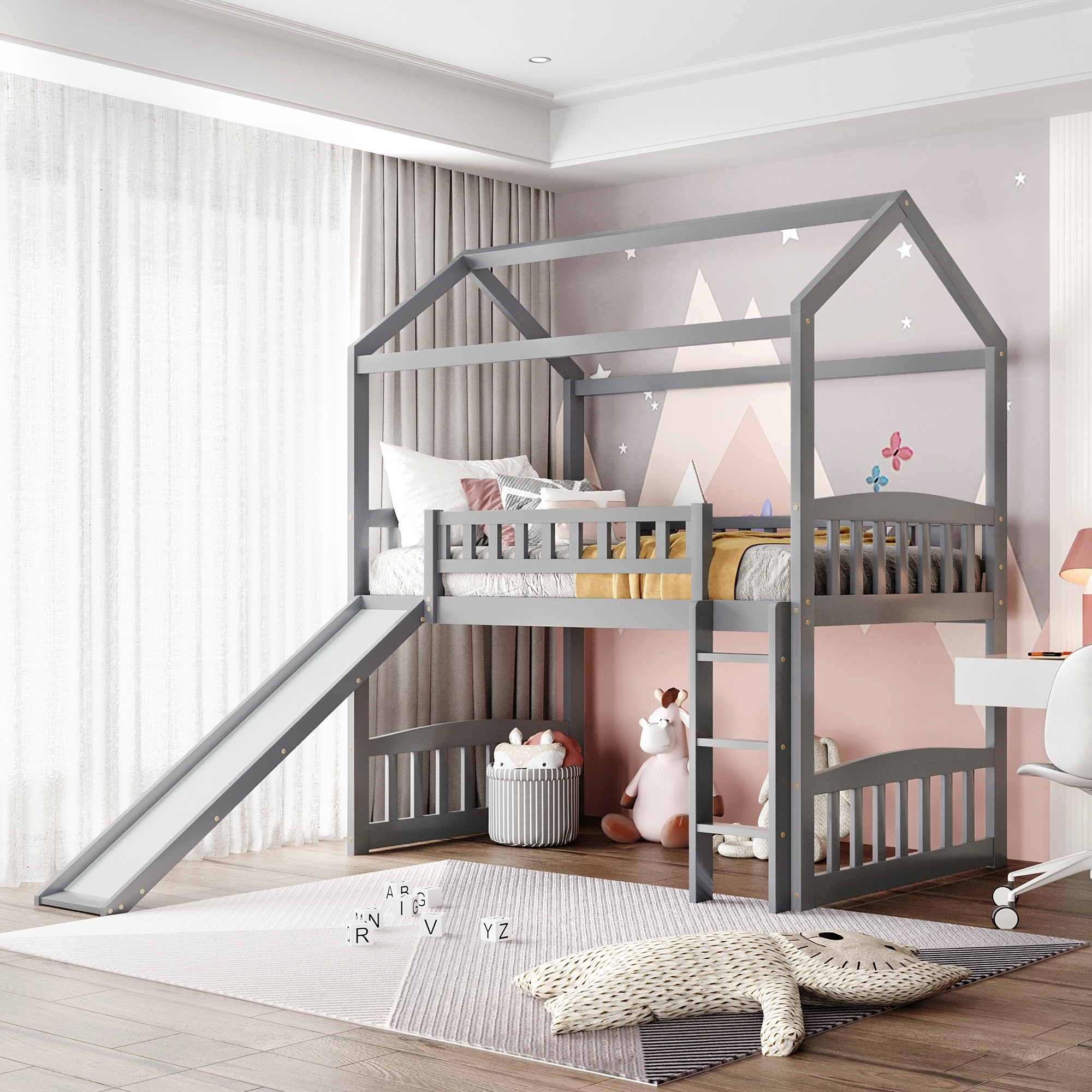 Twin Loft Bed with Slide House Bed with Slide Gray Bed Bath