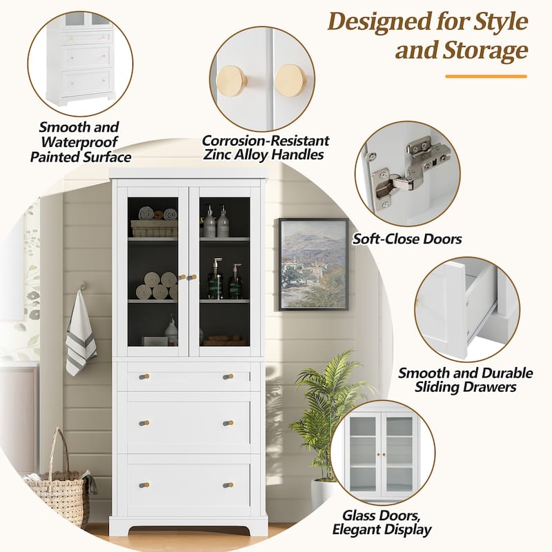 70.1-Inch Modern Freestanding Tall Storage Cabinet with 2 Adjustable Shelves & 3 Soft-Close Drawers – Glass Door Design.