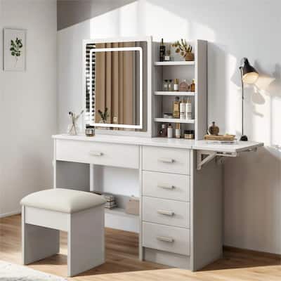 Bedroom Wood Vanity Set with Mirror,Lights,Open Shelves and Chair