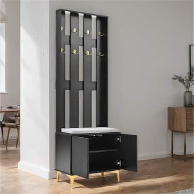 4-in-1 Coat Rack with 8 Gold Hooks,Cushion,Legs and Adjustable Shelves