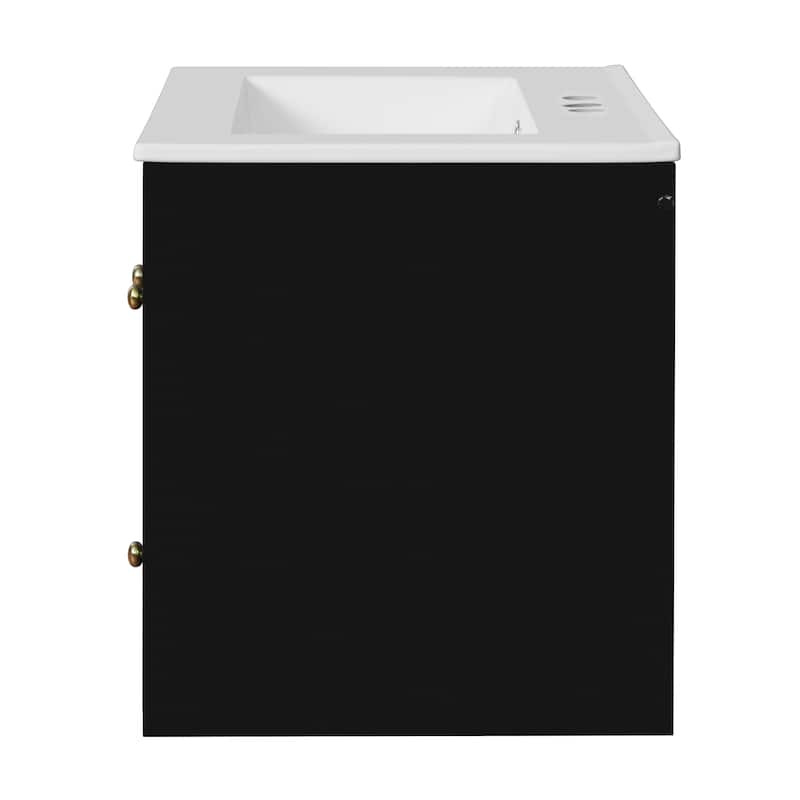 24" Wall-Mounted Bathroom Vanity with Ceramic Sink Combo, Floating Bathroom Storage Cabinet with Glass Doors & 2 Drawers