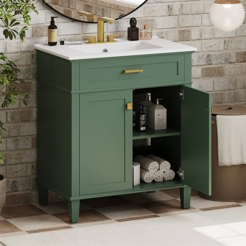 30'' Bathroom Vanity with Ceramic Sink Top, Freestanding Bathroom Vanity Cabinet with 2 Soft Close Doors and Adjustable Shelves