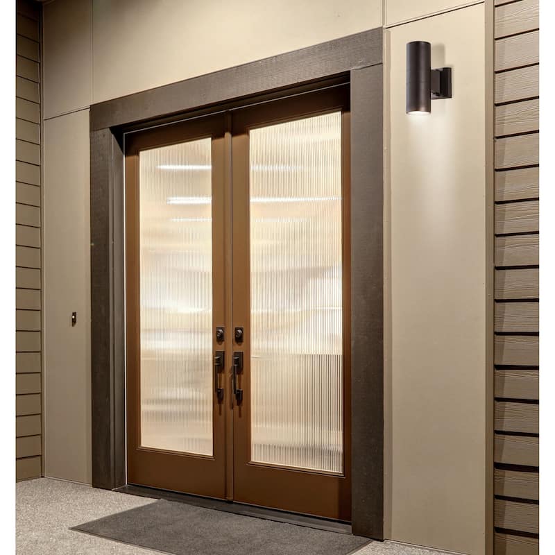 Lauren 2-Light Modern Midcentury Cylinder Outdoor Metal/Glass Integrated LED Wall Sconce with Uplight, by JONATHAN Y
