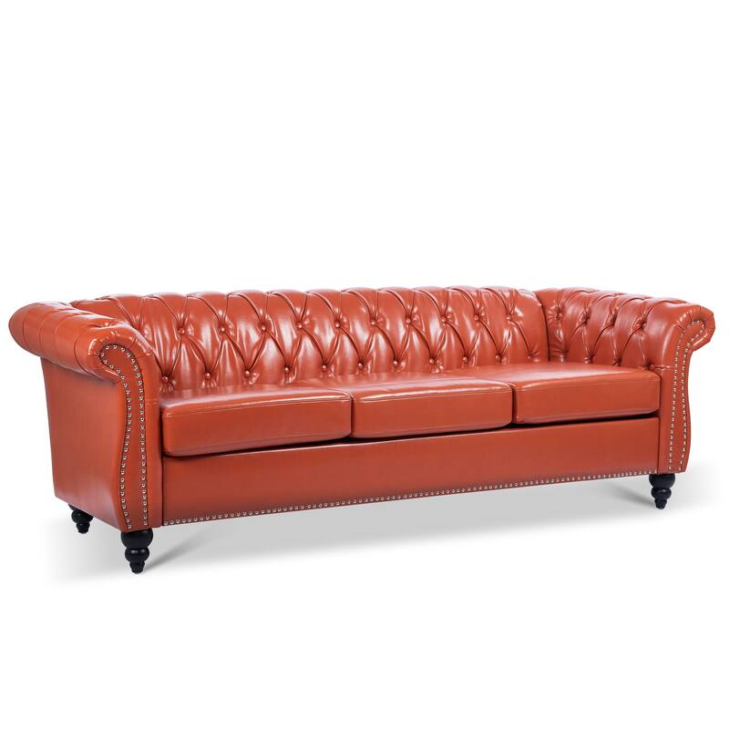 Classically Elegant 84.65" Three-Seater Rolled Arm Chesterfield Sofa in PU Leather - Sturdy Birch Legs, Soft Upholstery