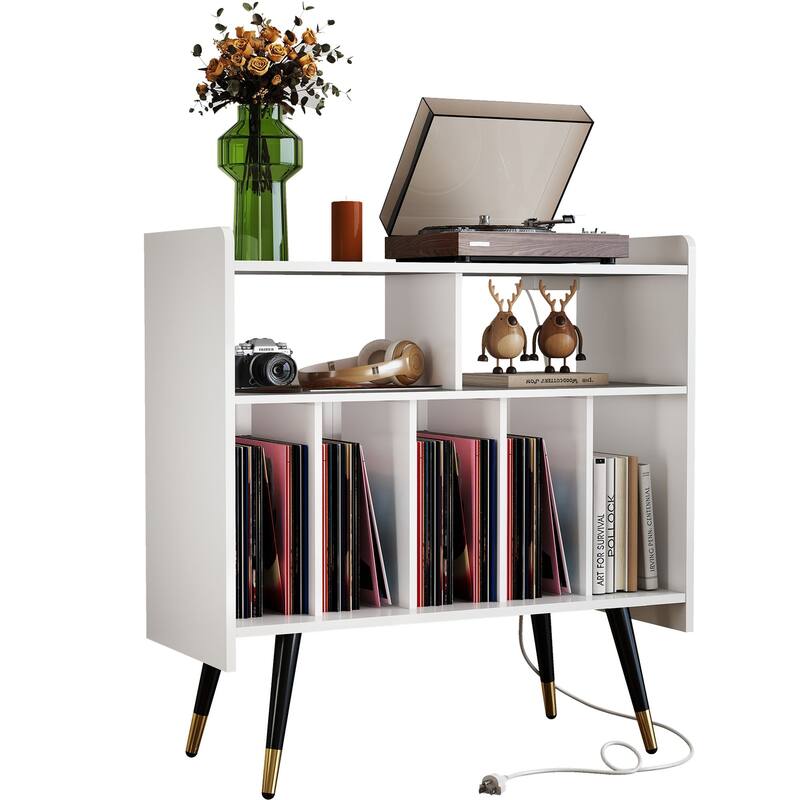 Retro Vinyl Stand with Charging Hub, Record Player Stand with Power Outlet and USB Ports