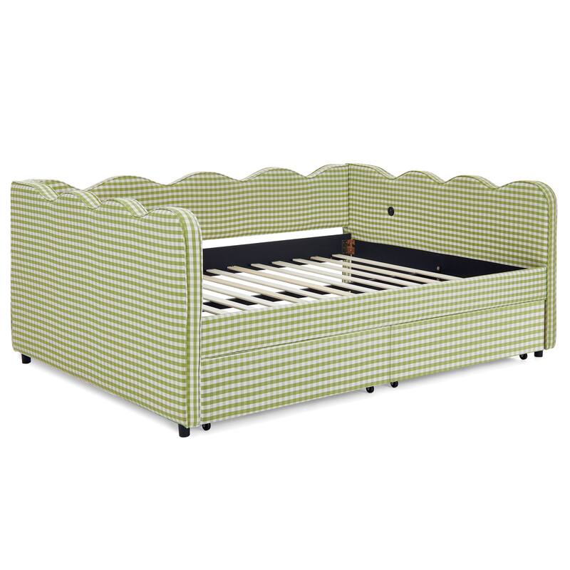 Full Size Upholstery Daybed with 2 Storage Drawers and USB Port, Linen Fabric Sofa Bed with Plaid Pattern and Wavy Silhouette