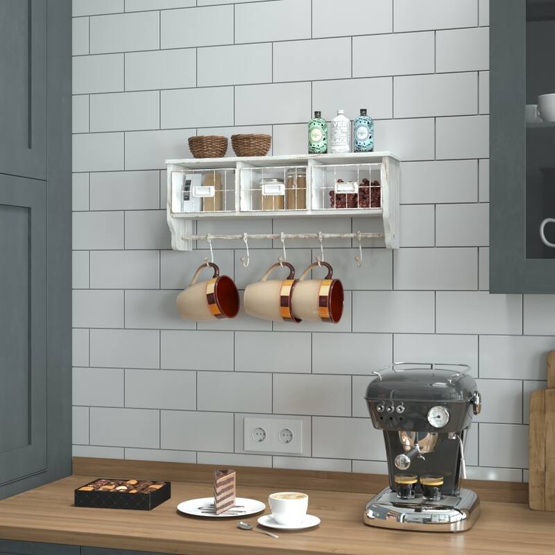 Wall Mounted Storage Rack with Upper Shelf, Wire Baskets, and Hooks