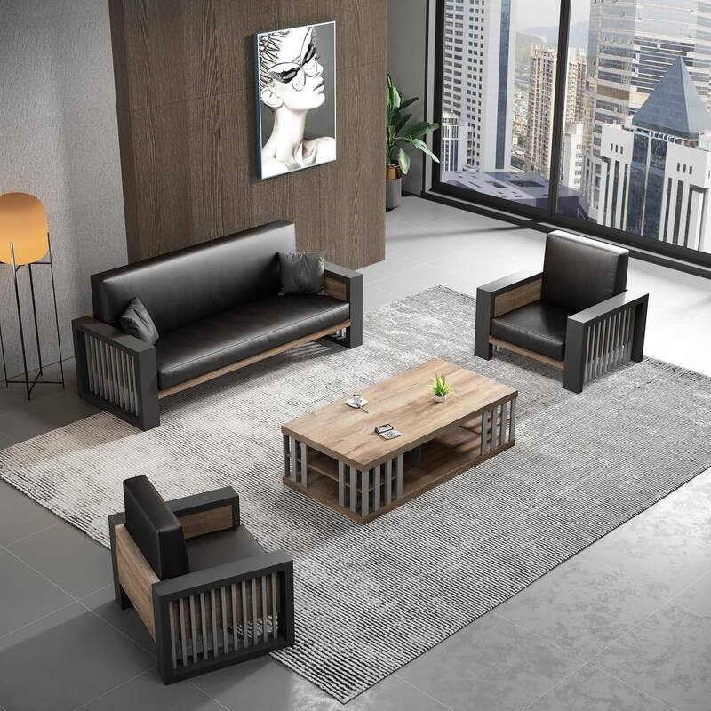 WESOME 3 Piece FU Leather Sofa Set with Coffee Table - 3-Set Sofa & 2 Single Sofa