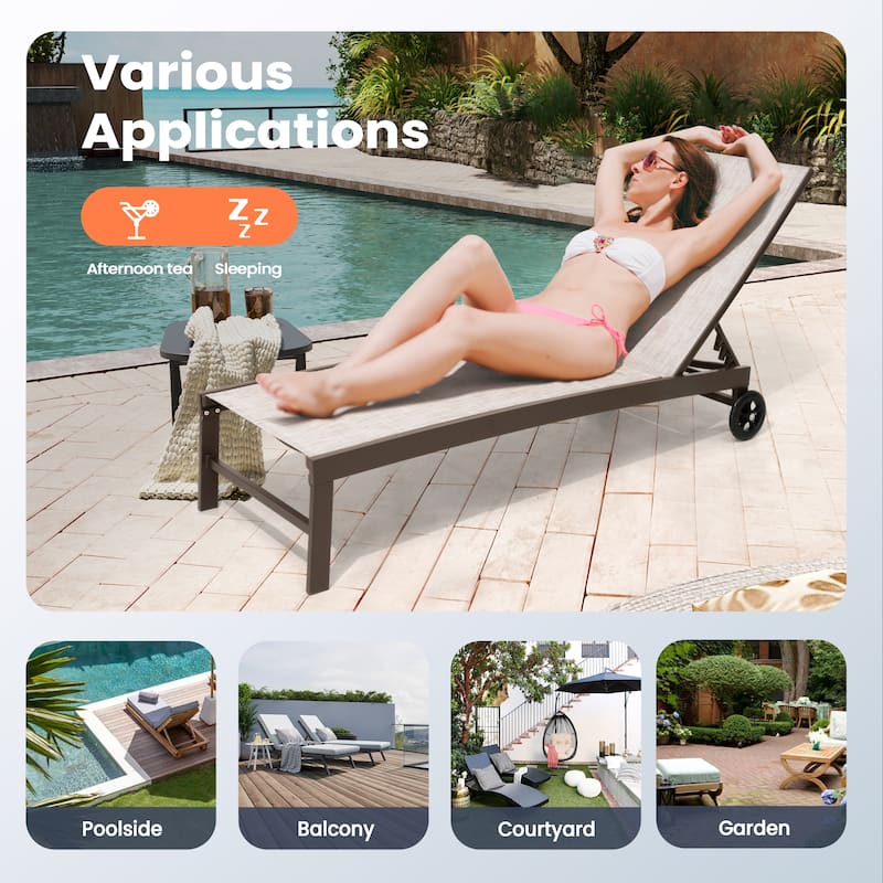 Patio Chaise Lounge Chair Adjustable Aluminum Outdoor Recliners with Wheel