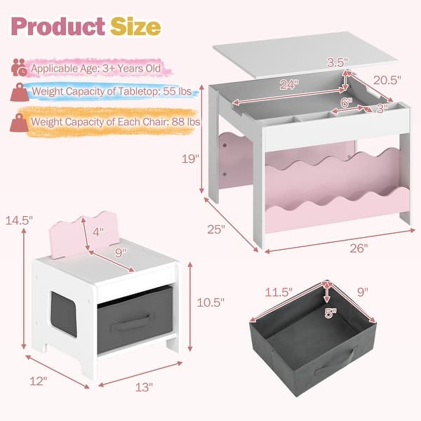 dimension image slide 0 of 3, Costway Wooden Kids Table and Chairs Set with Double-sided Tabletop,