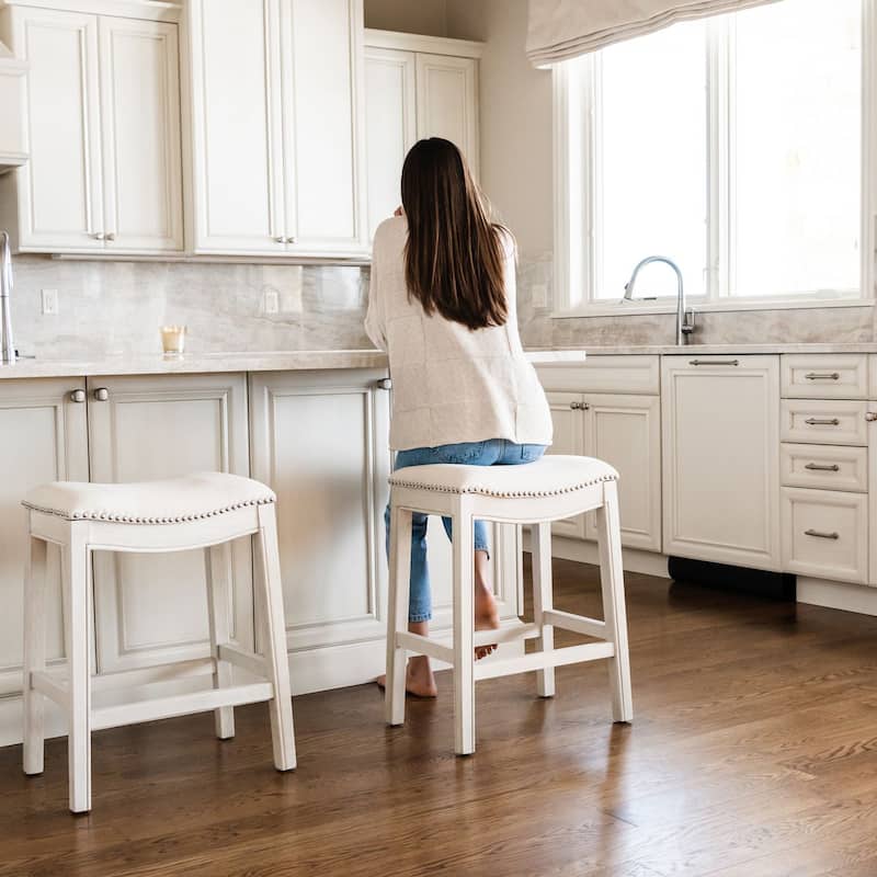 Maven Lane Adrien Backless Saddle Kitchen Counter Stool in Walnut Finish w/ Grey Fabric Upholstery