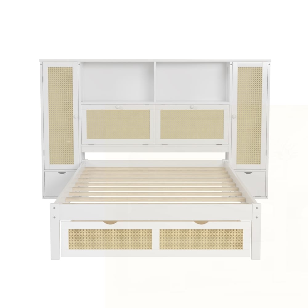 Multifunctional Platform Bed with Natural Rattan