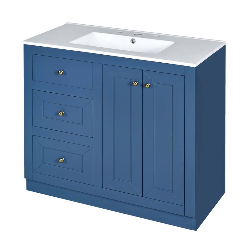36" Modern Bathroom Vanity with Ceramic Sink, 2 Drawers & Shelf Storage Cabinet, Blue MDF & Solid Wood