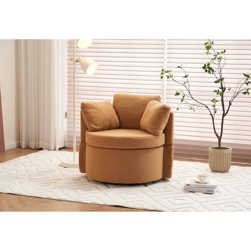 Swivel and Storage Chair, Teddy Fabric Barrel Chair with Pillows