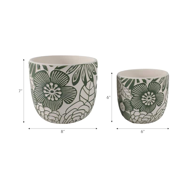 Pottery Planters Floral Carved Design (Set of 2) - 7", 6" White, Green - 8" x 8" x 7"