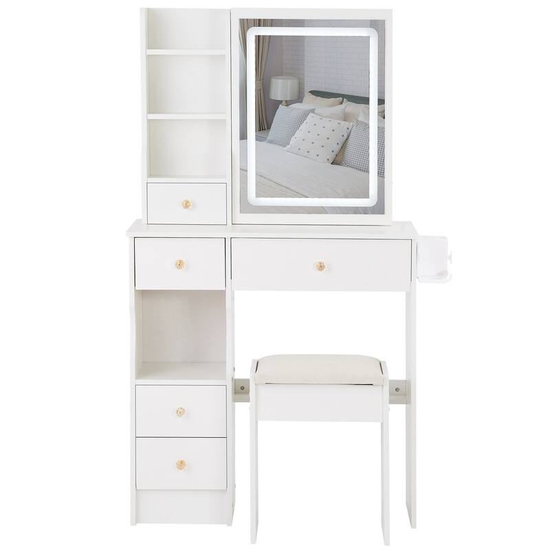 29.2"Small Size Left Drawer Desktop Vanity Table+Cushioned Stool,Hair dryer bracket,Extra Large Touch Control Sliding LED Mirror