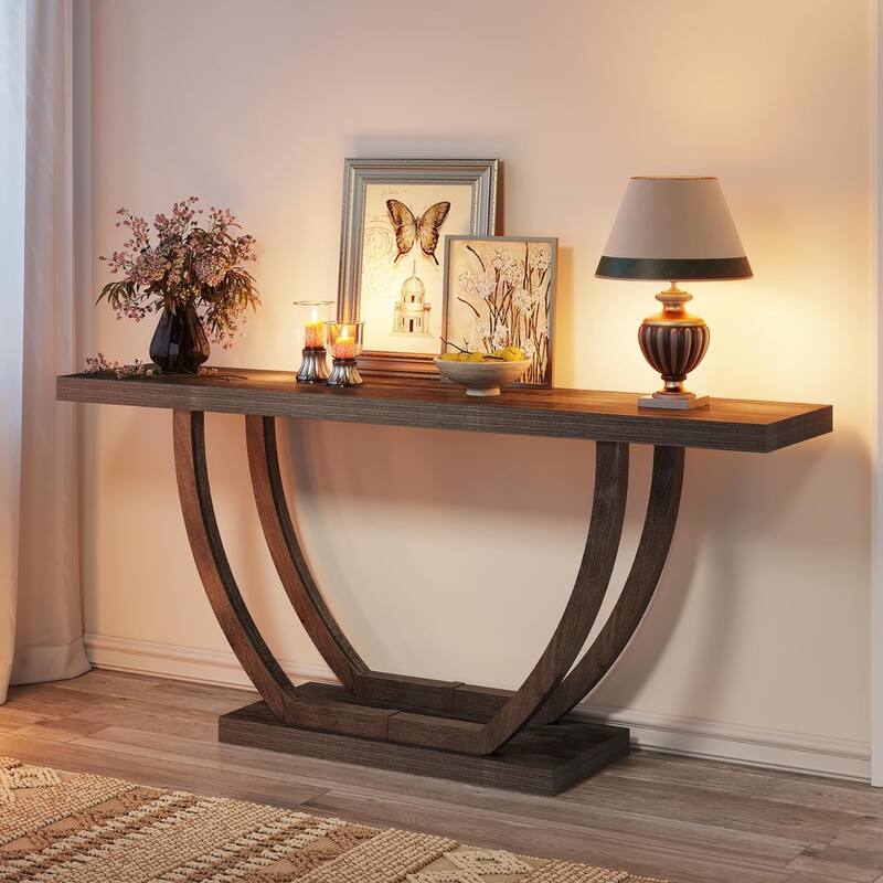 63 Inches Brown Wood Console Table with Geometric Base for Living Room
