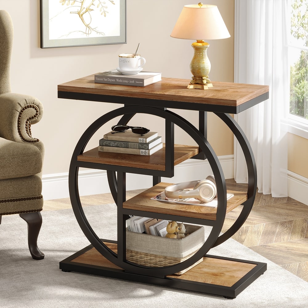 Industrial 4-tier Wood Narrow Side End Table with Storage Shelves