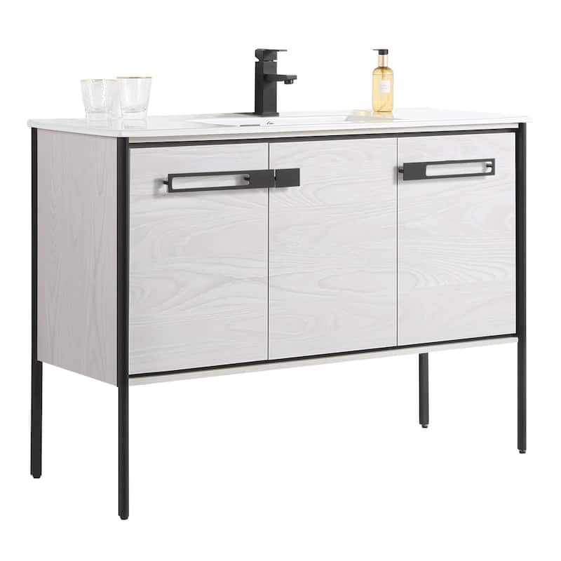 Fine Fixtures Oakville Bathroom Vanity with White Ceramic Sink - 48 Inch - Mild Grey Oak - Black Hardware