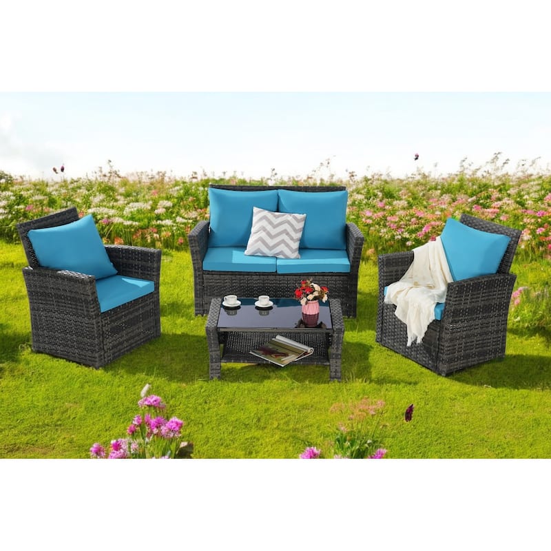 4-Piece Outdoor Patio Furniture Set, Garden Wicker Sofa with Poolside Lawn Chairs, Red Cushions, All-Weather Modular Design
